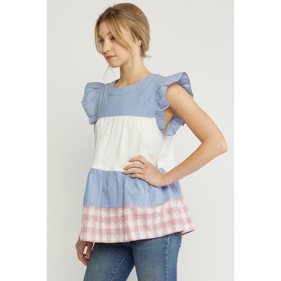 entro Mixed Print Tiered Top, Blue - Picture 4 of 7